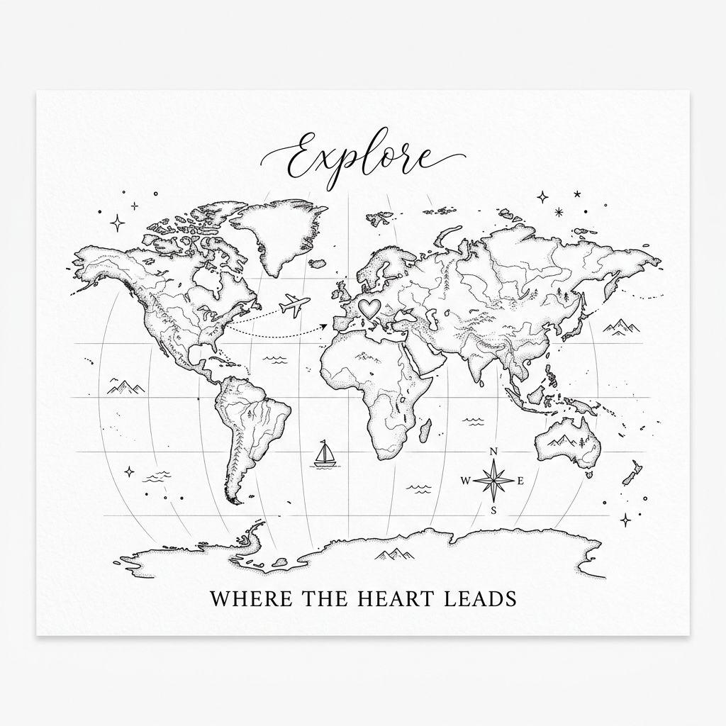 idée tatouage voyage carte du monde fine line, design sur fond blanc
