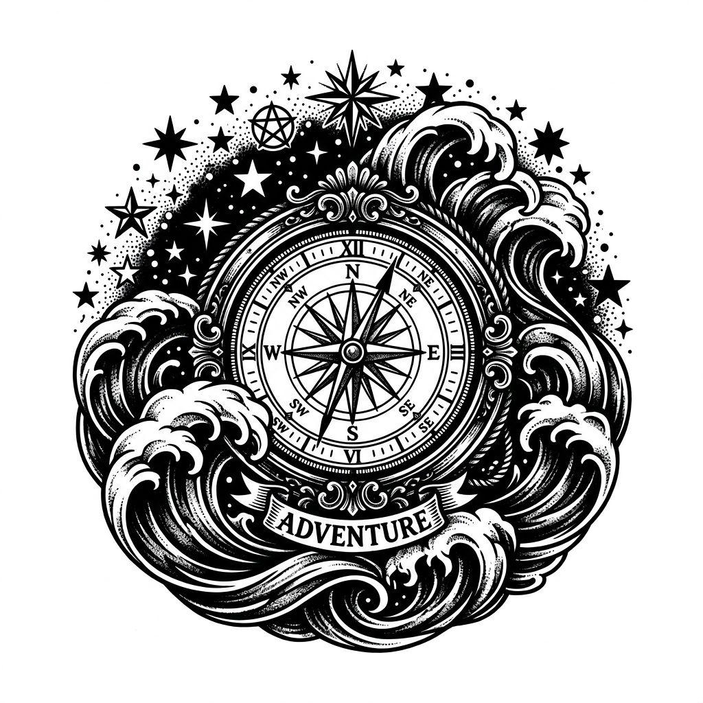 idée tatouage voyage boussole blackwork, design sur fond blanc