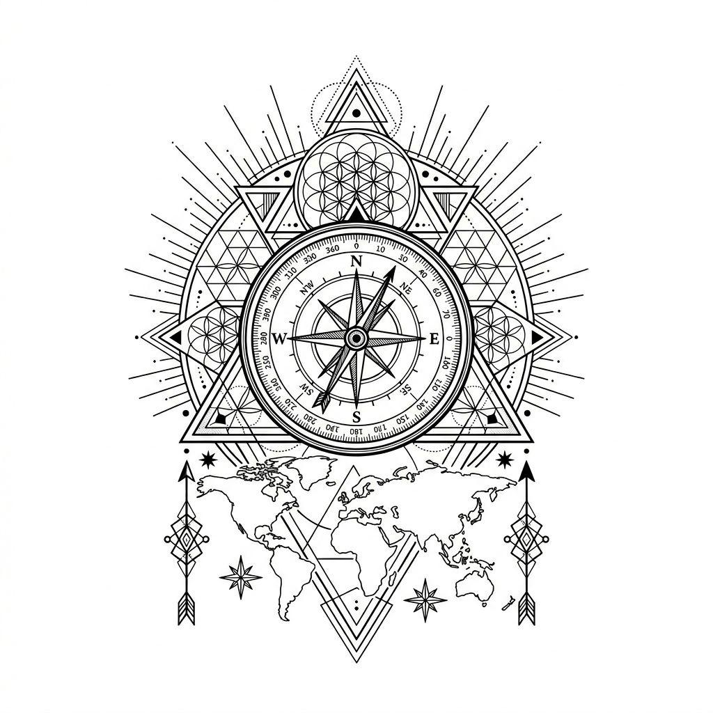 idée tatouage voyage boussole géométrique, design sur fond blanc