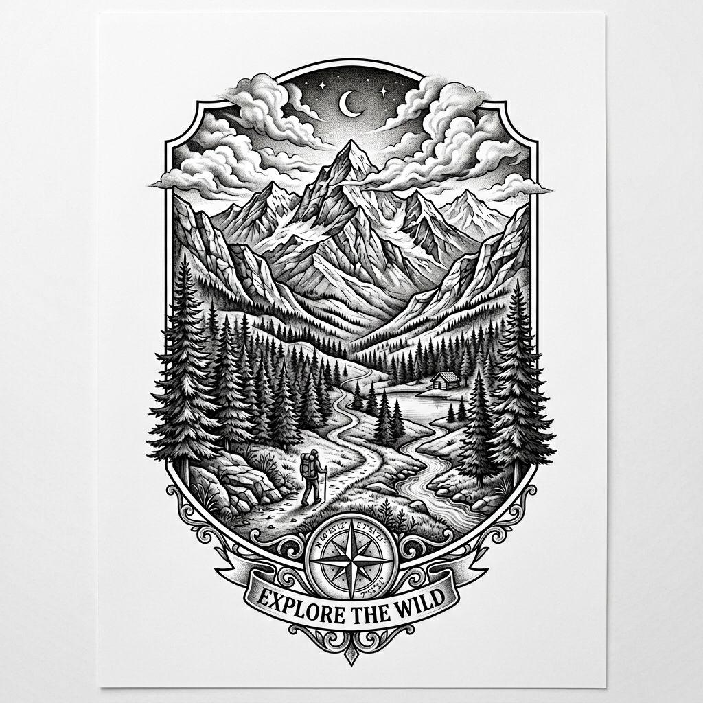 idée tatouage voyage montagne réaliste, design sur fond blanc