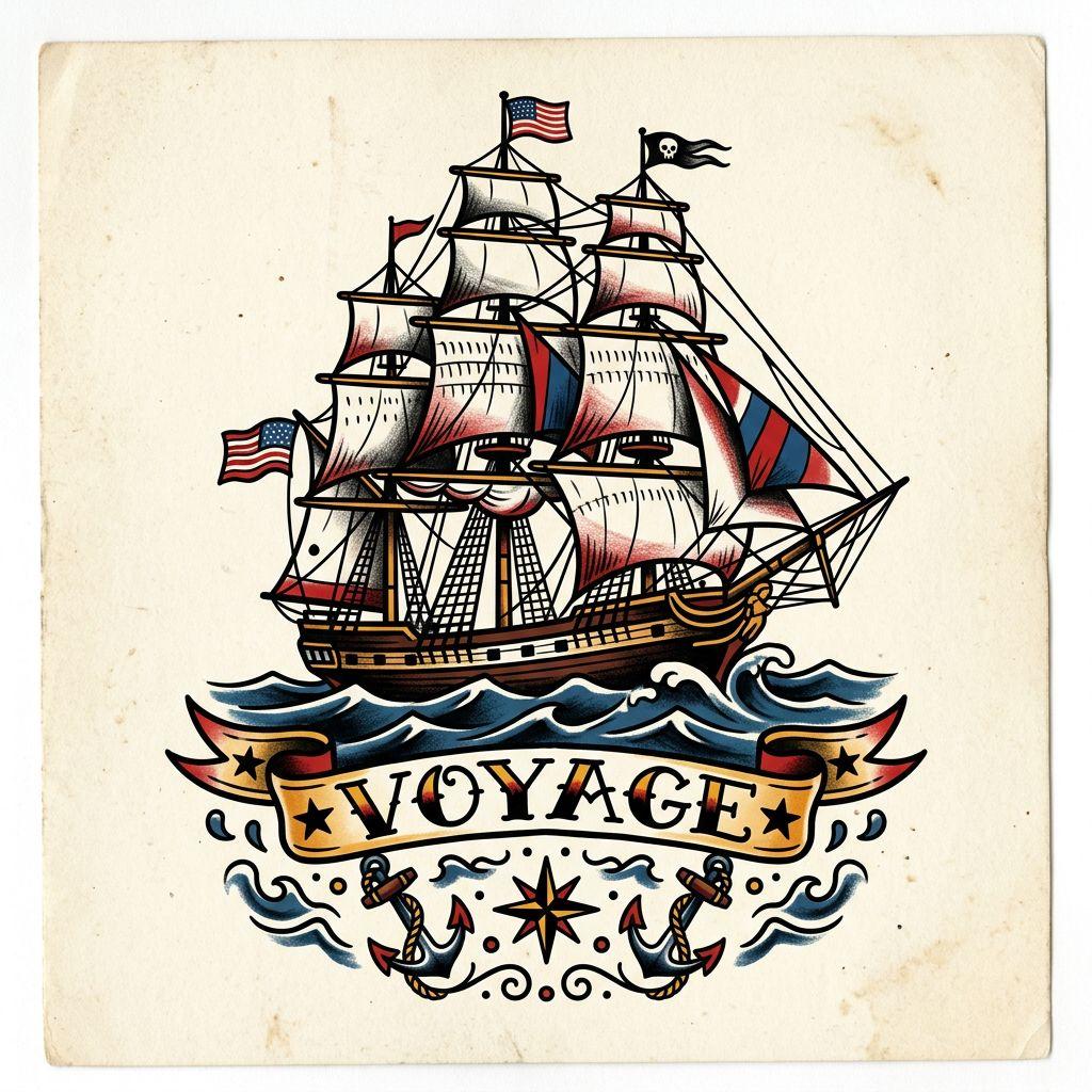 idée tatouage voyage bateau old school, design sur fond blanc