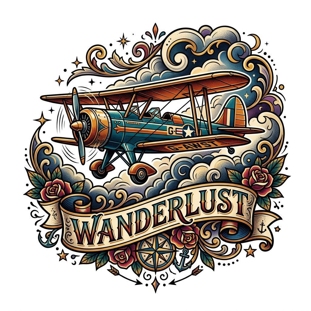 idée tatouage voyage avion néo-traditionnel, design sur fond blanc