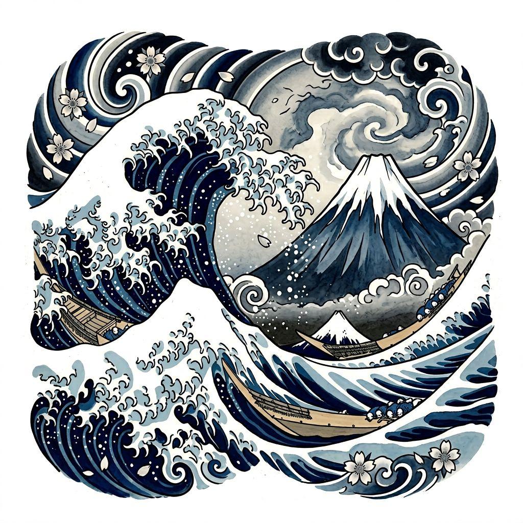 idée tatouage voyage vague japonaise, design sur fond blanc