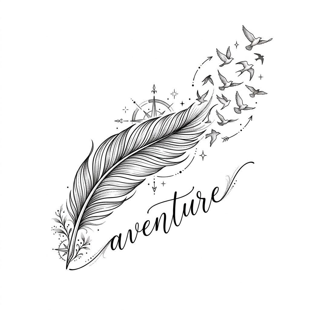 idée tatouage voyage plume voyageuse spirituelle, design sur fond blanc