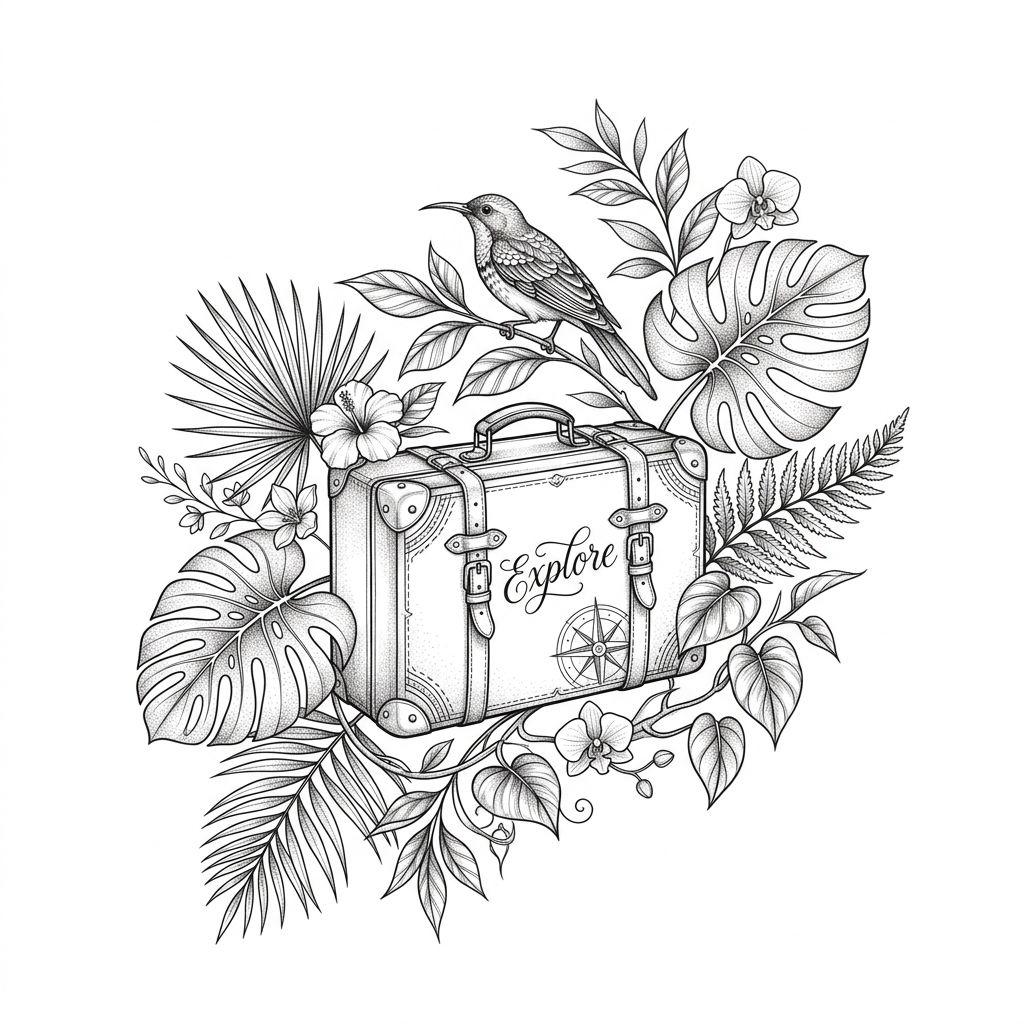idée tatouage voyage branche tropicale florale, design sur fond blanc