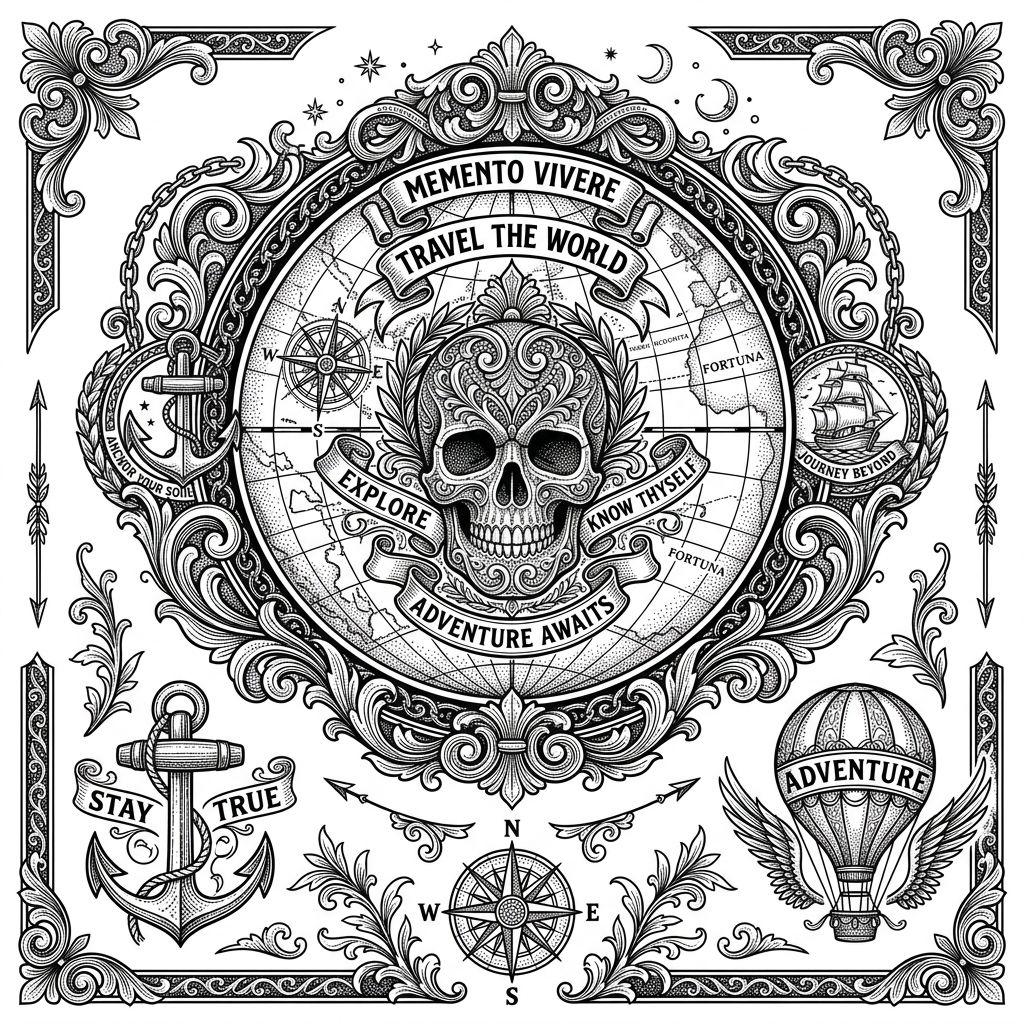 idée tatouage voyage globe et crâne, design sur fond blanc