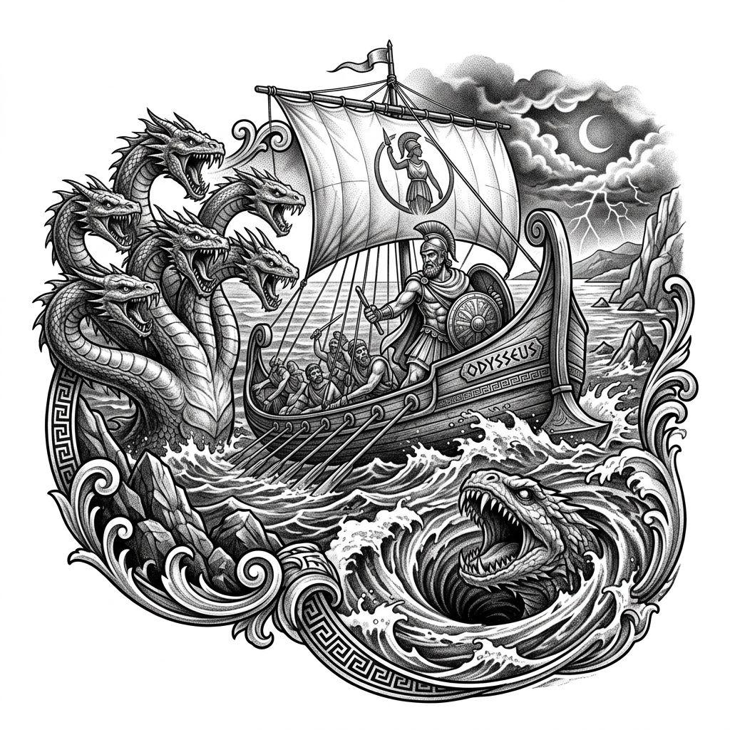 idée tatouage voyage ulysse mythologique, design sur fond blanc
