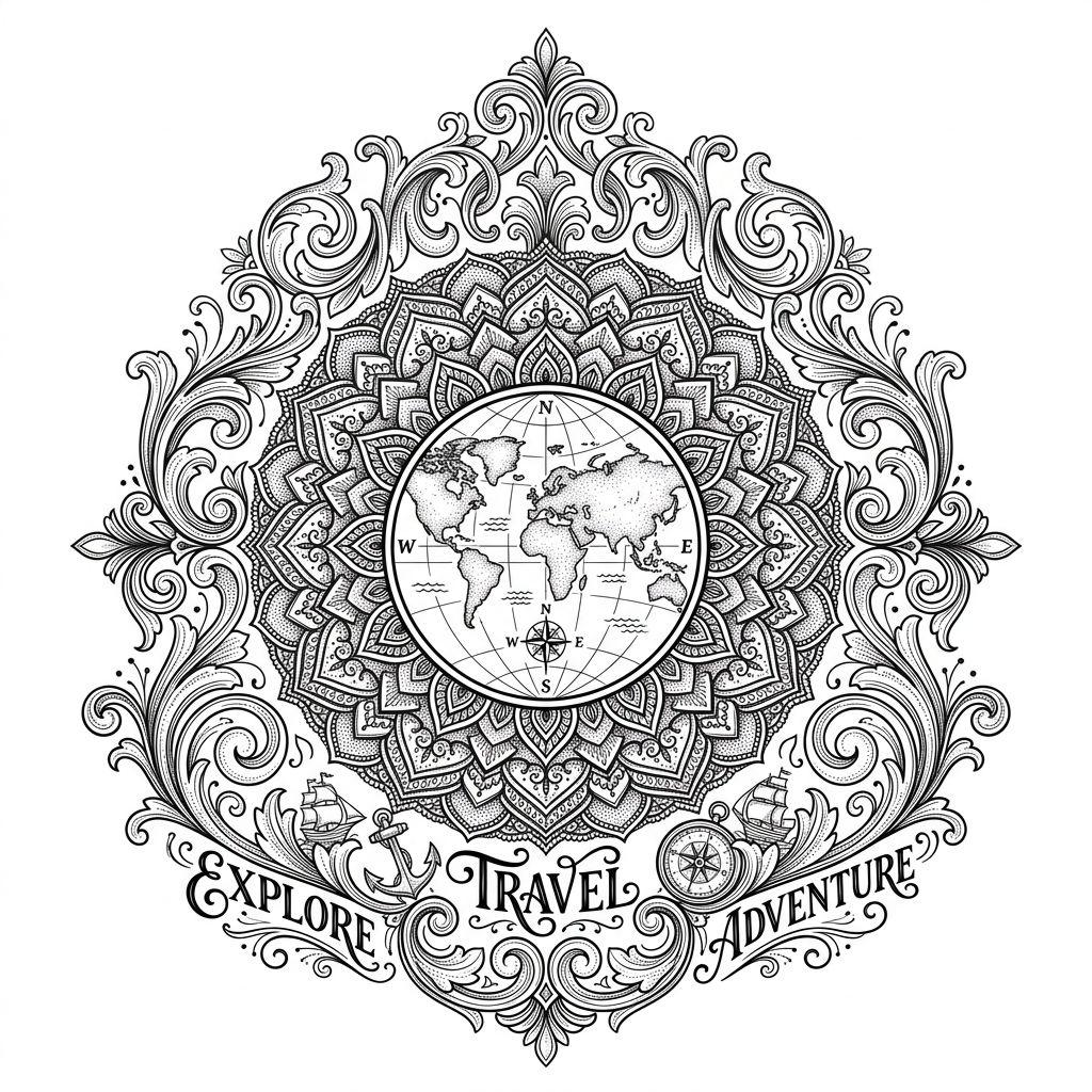 idée tatouage voyage mandala carte du monde, design sur fond blanc
