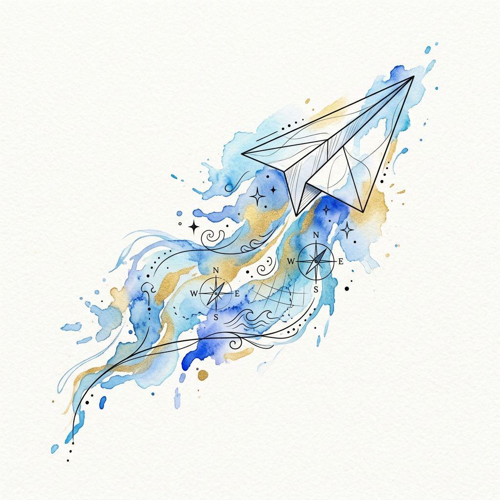 idée tatouage voyage avion aquarelle, design sur fond blanc