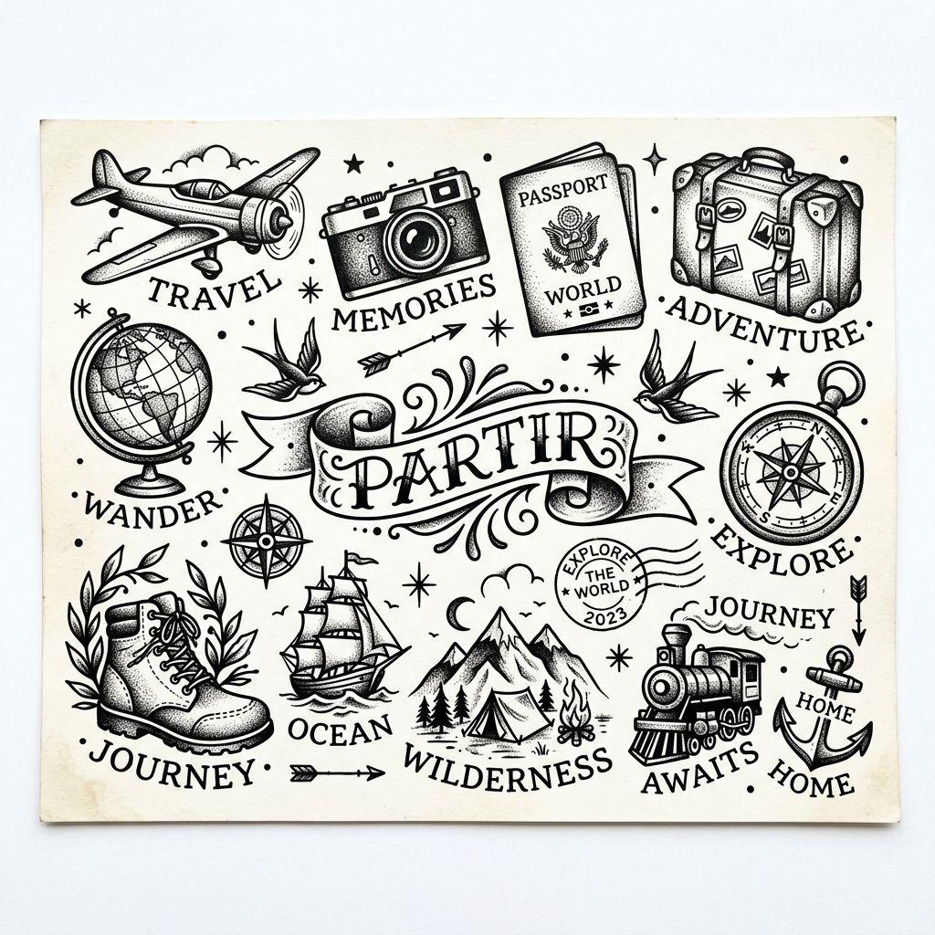 idée tatouage voyage patchwork voyage flash, design sur fond blanc