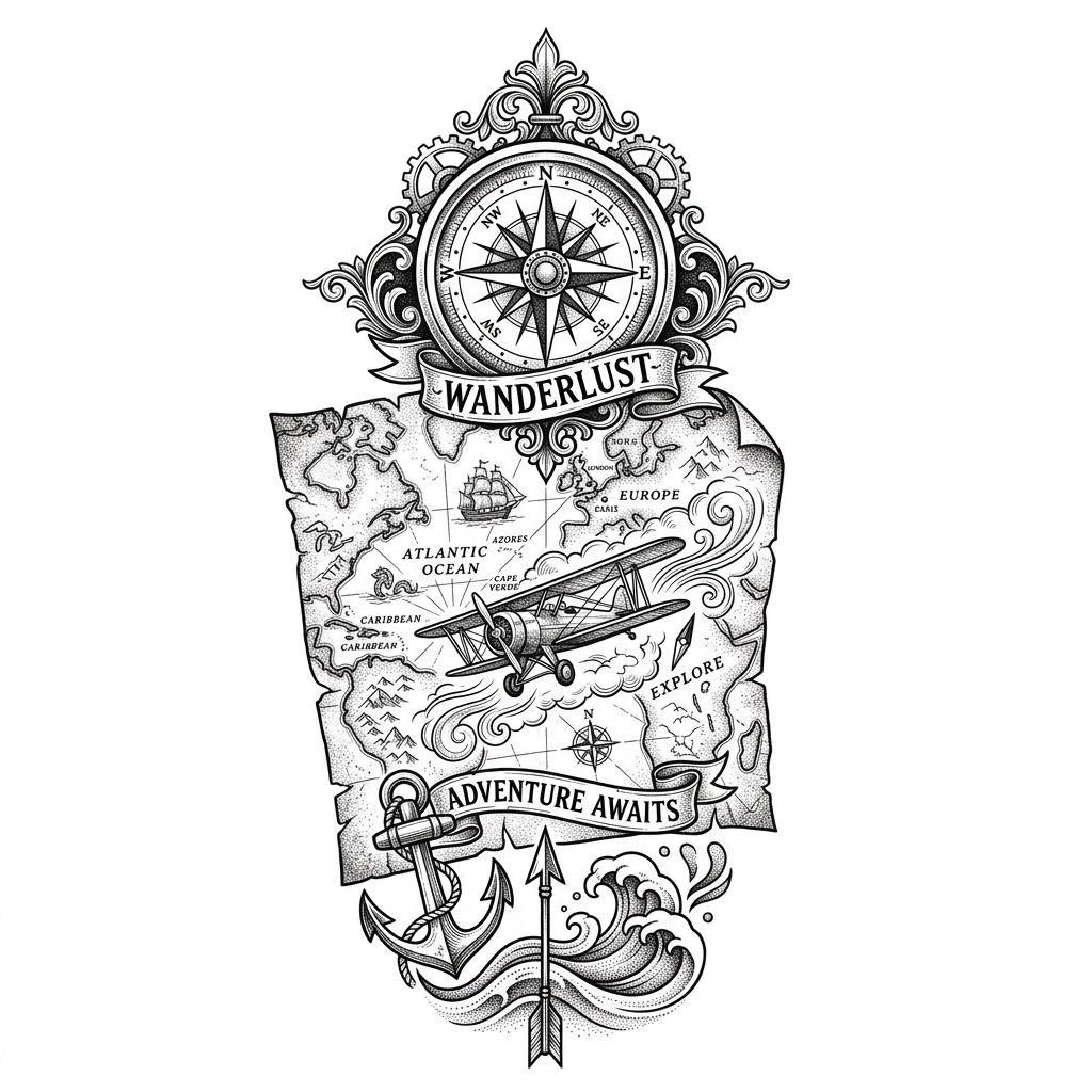 idée tatouage voyage manche premium voyage, design sur fond blanc