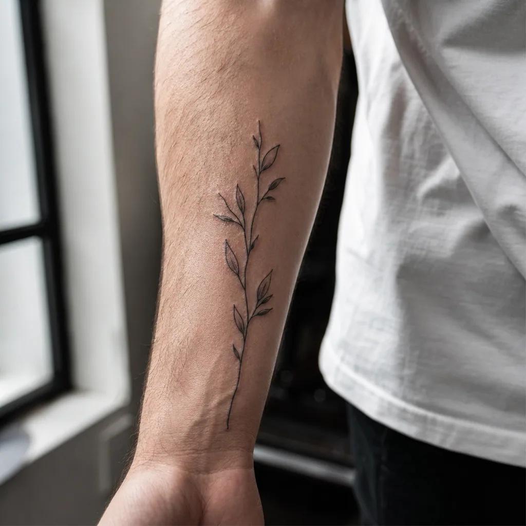 Tatouage branche végétale fine-line à l'avant-bras, exemple à 180-280 euros