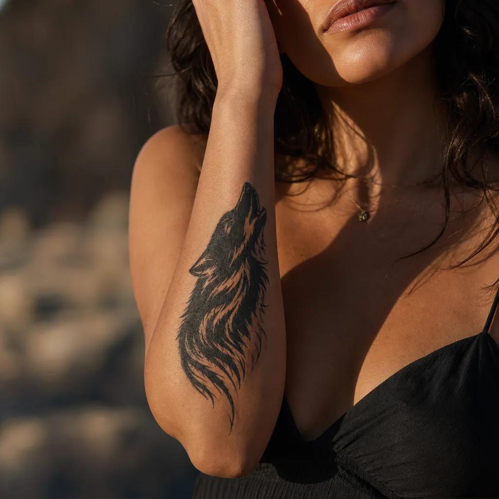 idée tatouage avant-bras loup blackwork vertical, photo réaliste sur peau