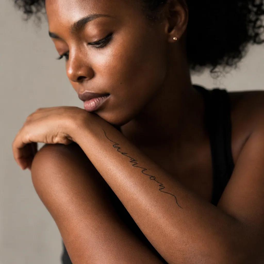 idée tatouage avant-bras lettrage manuscrit, photo réaliste sur peau