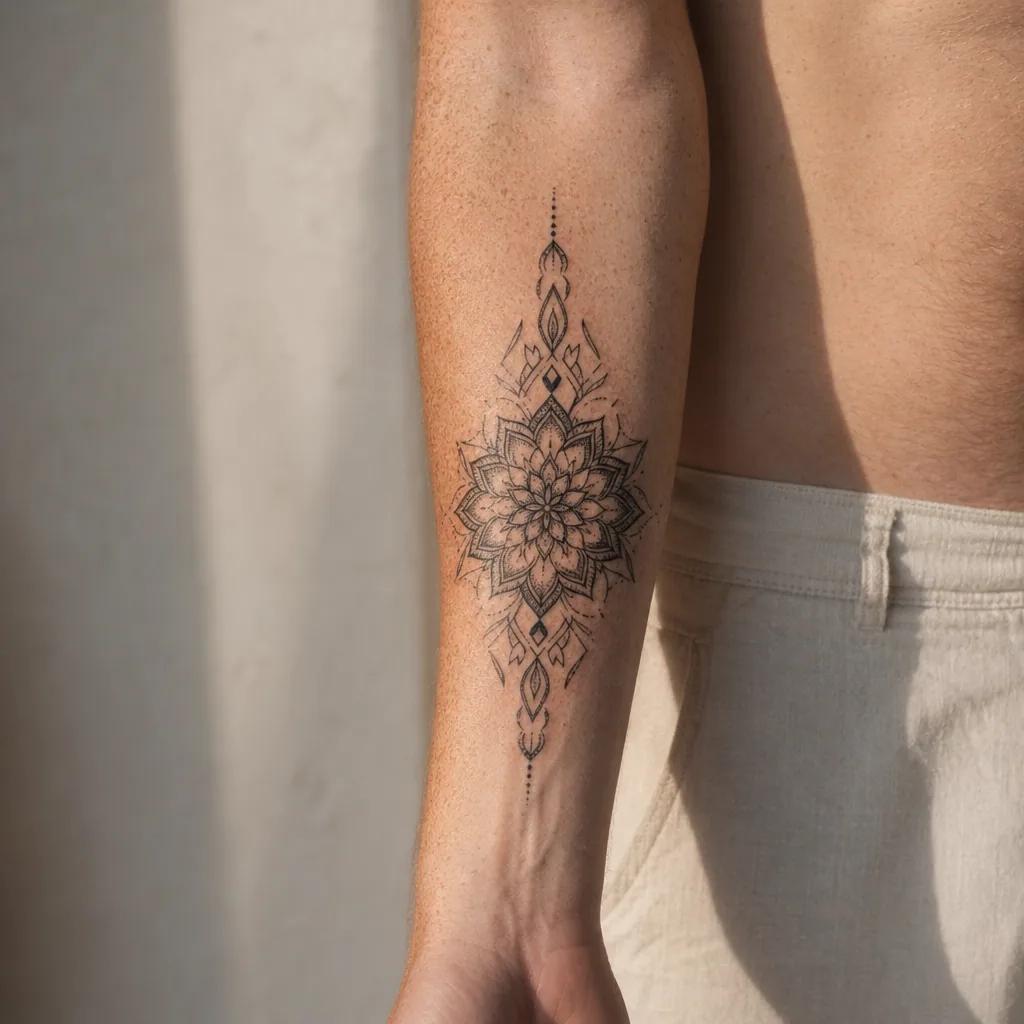 idée tatouage avant-bras mandala forearm vertical, photo réaliste sur peau