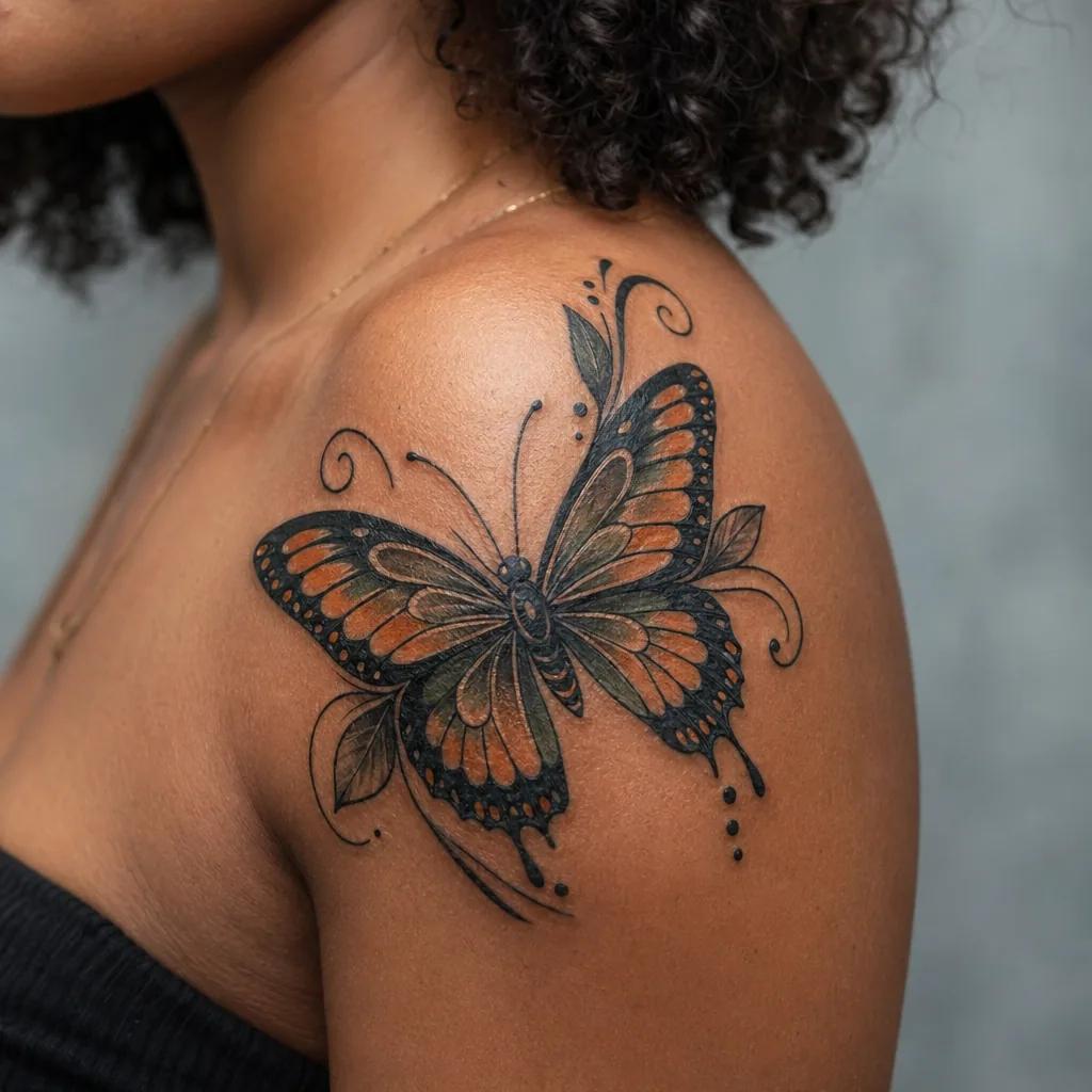 idée tatouage femme papillon néo-traditionnel, photo réaliste sur peau