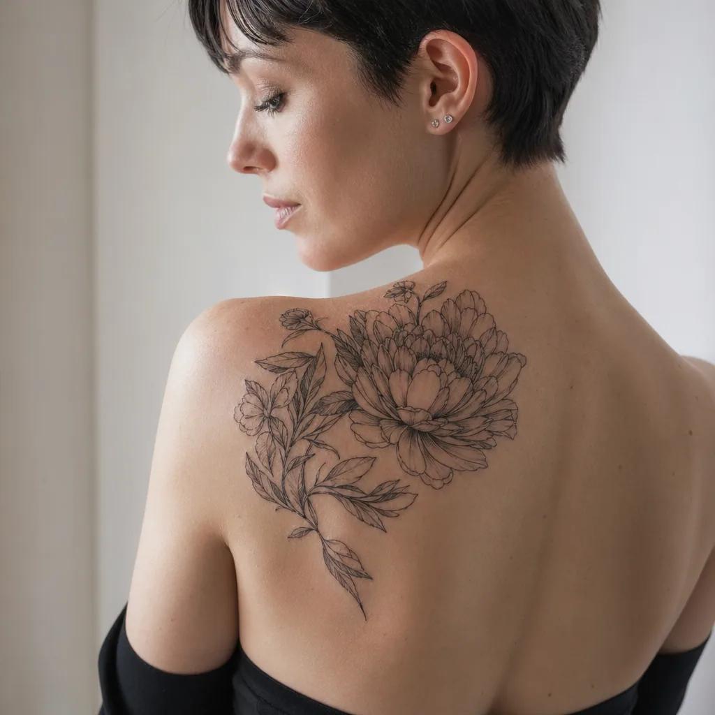 idée tatouage femme pivoine florale, photo réaliste sur peau