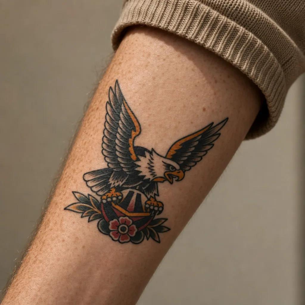 Tatouage old school d'un aigle en couleurs orange et noir sur l'avant-bras, exemple de tatouage coloré sensible aux UV