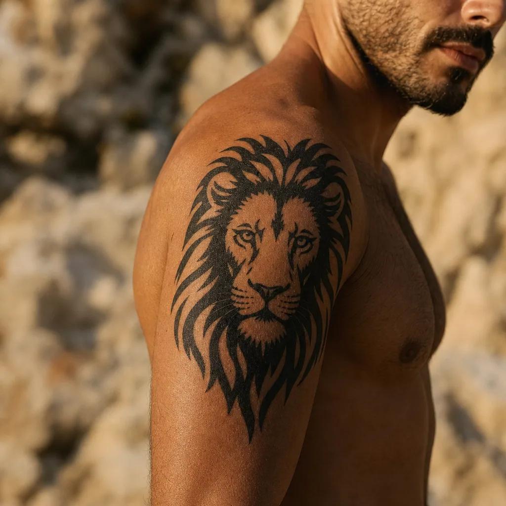 Tatouage lion tribal noir à l'épaule, exemple à 350-650 euros