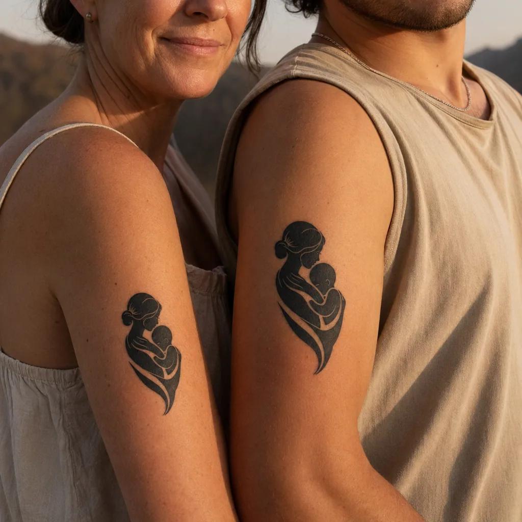 idée tatouage mère et fils mère enfant blackwork, photo réaliste sur peau