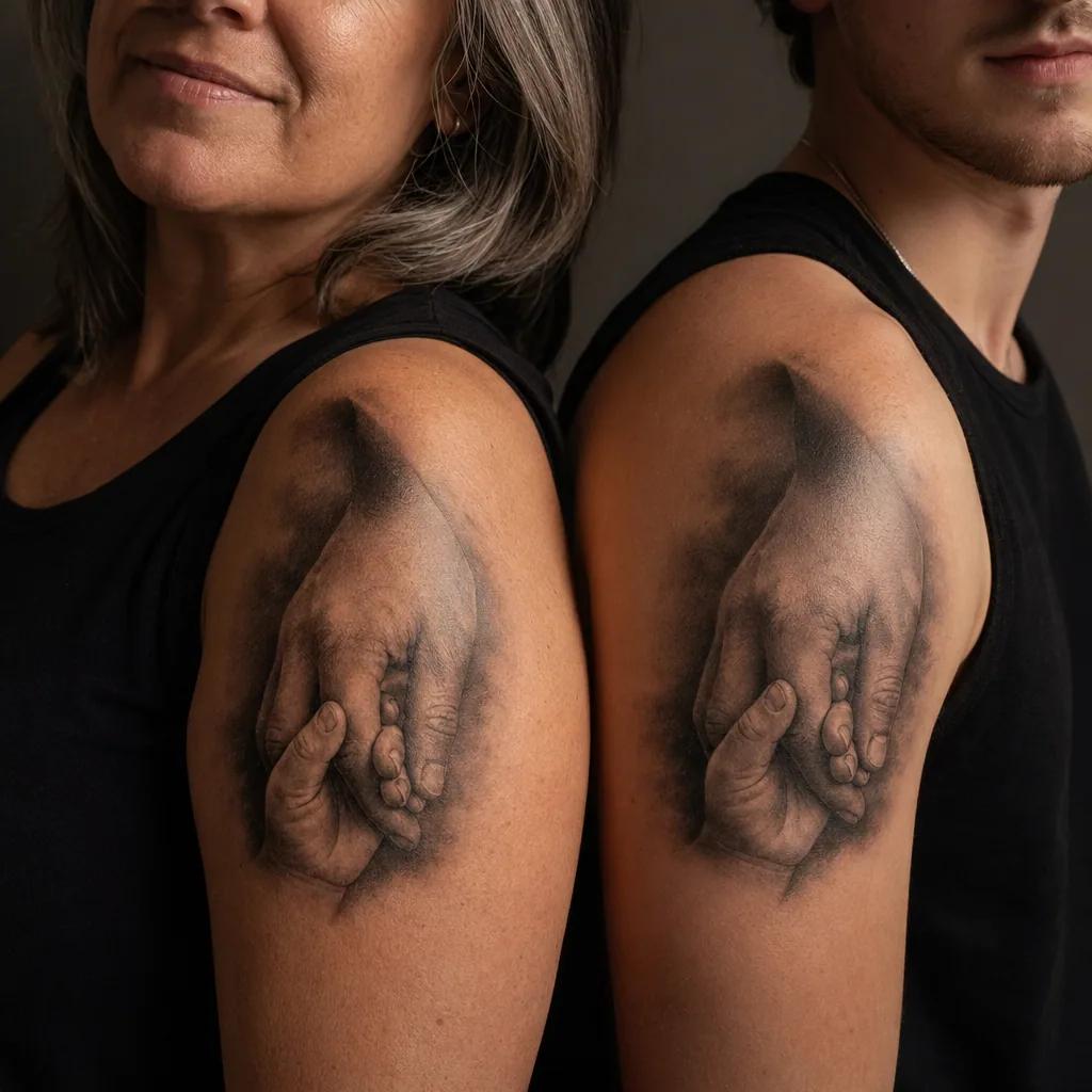 idée tatouage mère et fils mains réalistes mère enfant, photo réaliste sur peau