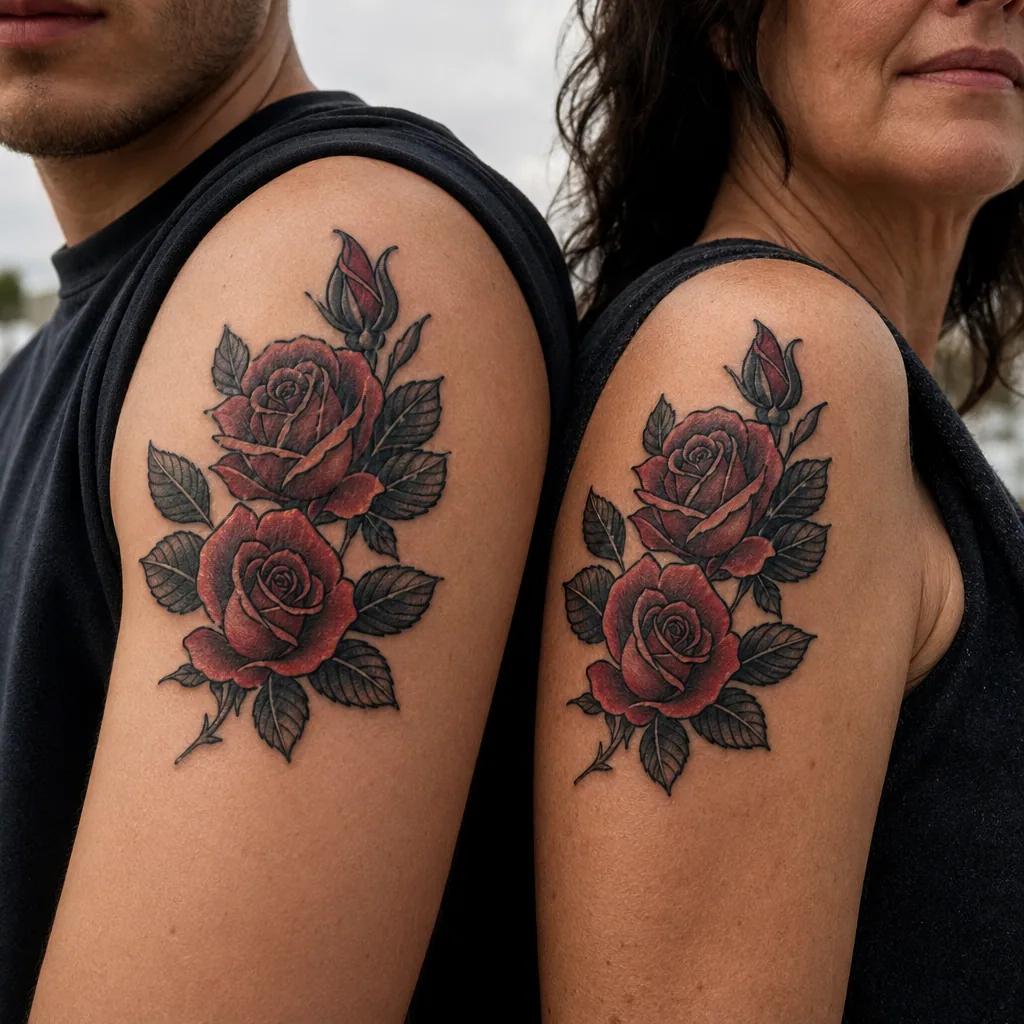 idée tatouage mère et fils roses néo-traditionnelles, photo réaliste sur peau