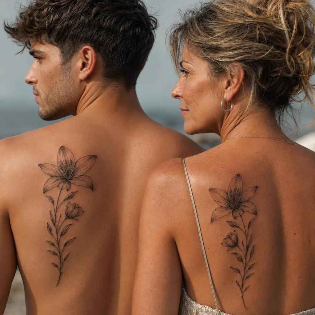 idée tatouage mère et fils fleurs mère et enfant, photo réaliste sur peau