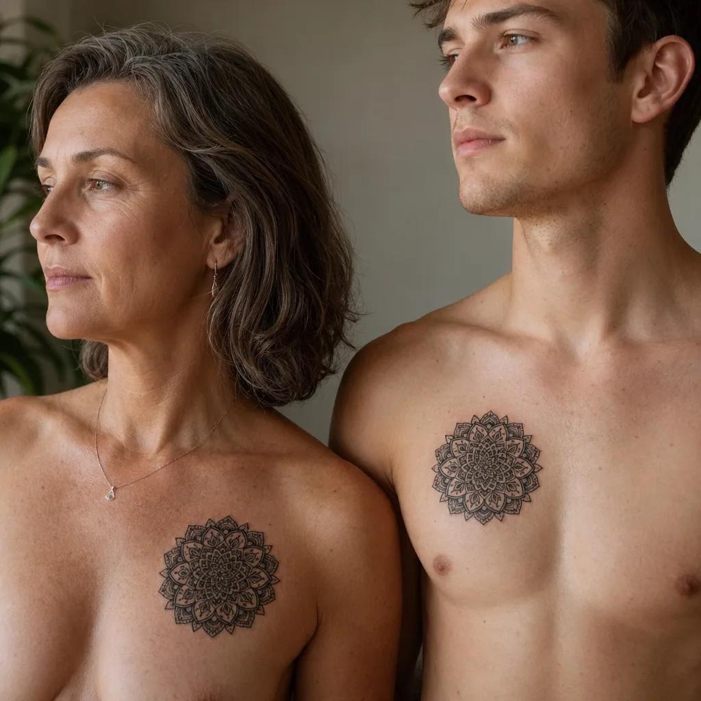 idée tatouage mère et fils mandala m et s, photo réaliste sur peau