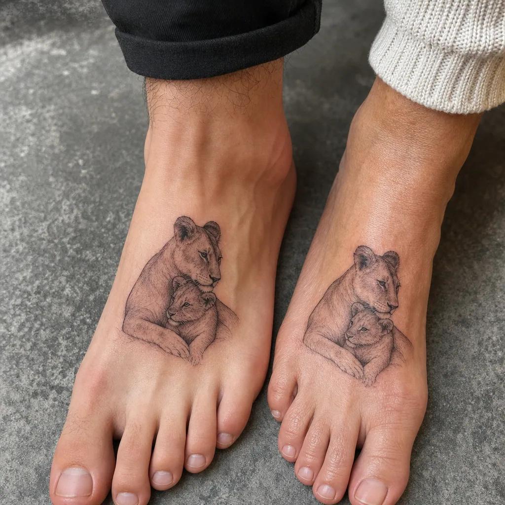 idée tatouage mère et fils lionne et lionceau, photo réaliste sur peau
