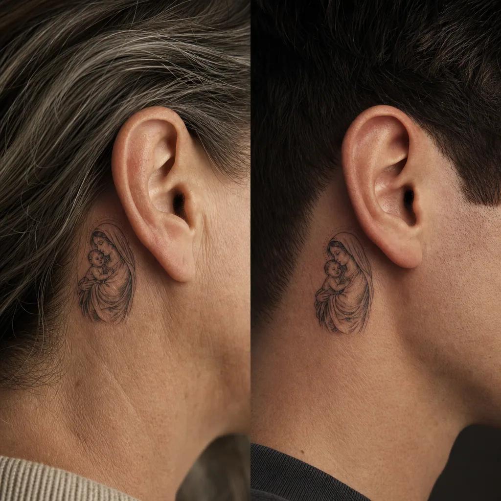 idée tatouage mère et fils vierge à l'enfant, photo réaliste sur peau
