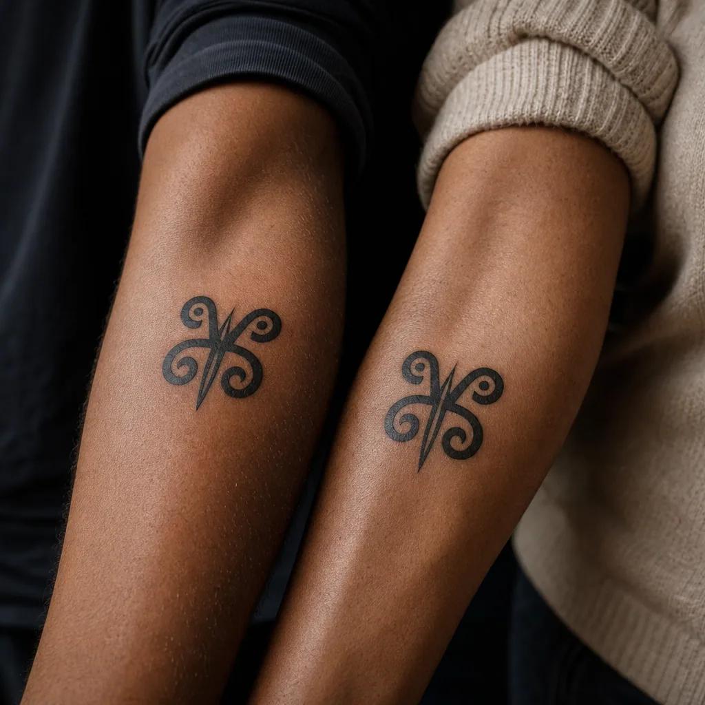 idée tatouage mère et fils symbole adinkra tribal, photo réaliste sur peau
