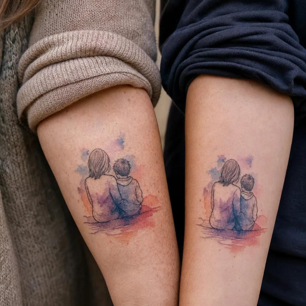 idée tatouage mère et fils aquarelle mère enfant, photo réaliste sur peau
