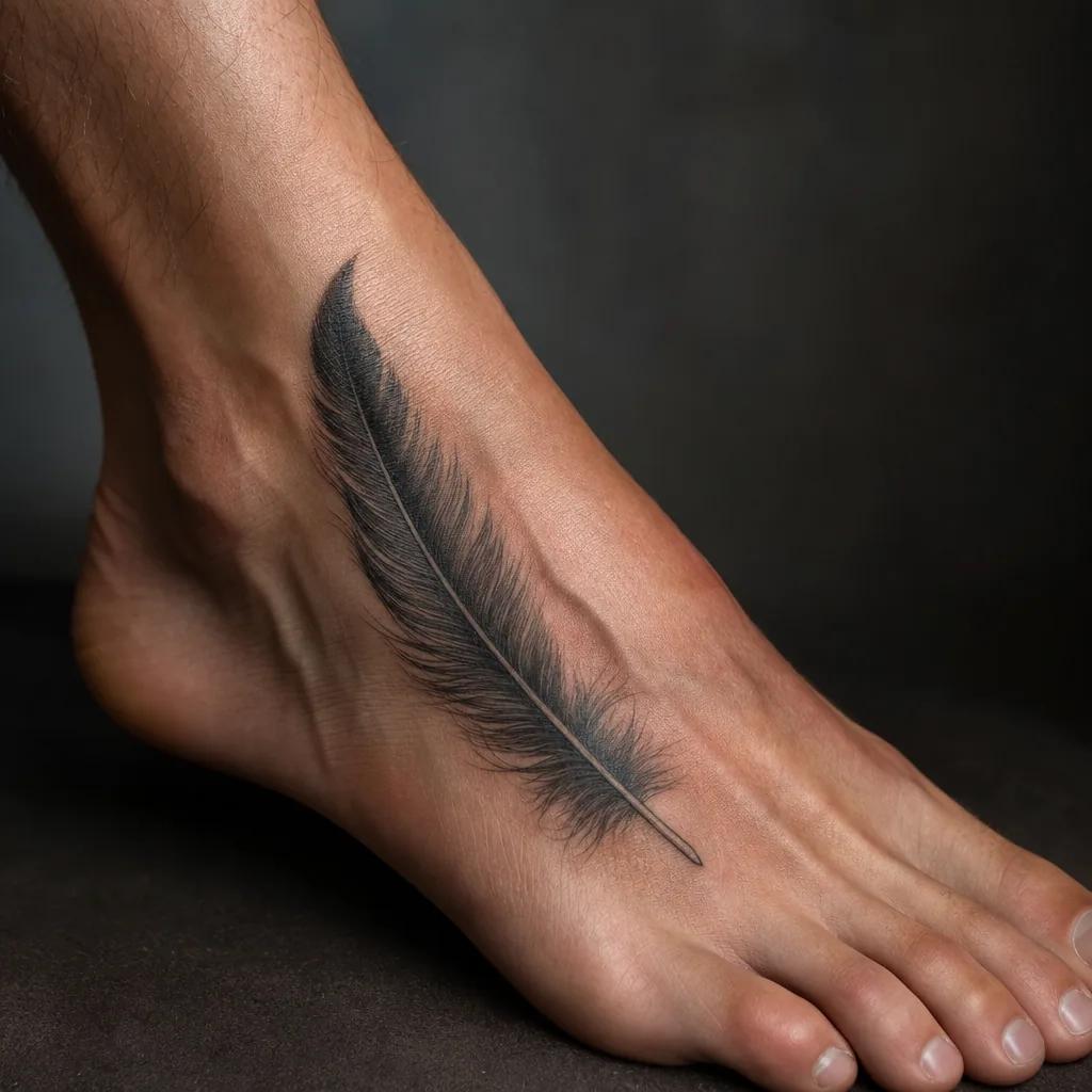 idée tatouage pied plume micro-réaliste, photo réaliste sur peau