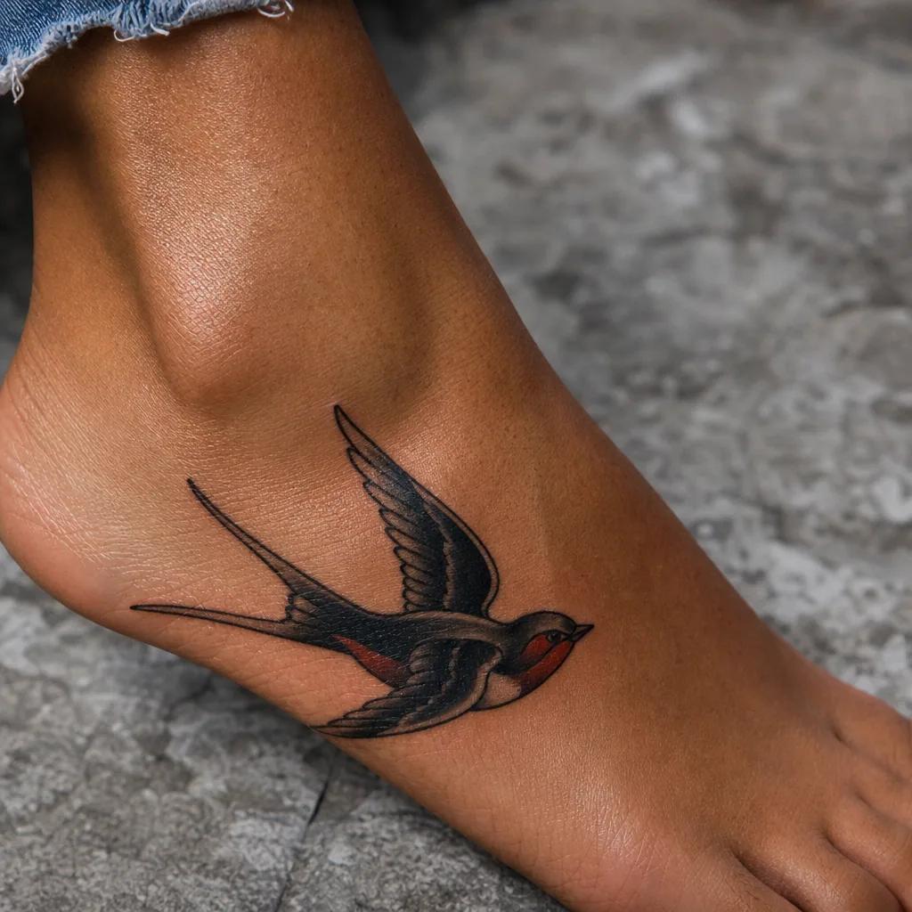 idée tatouage pied hirondelle néo-traditionnelle, photo réaliste sur peau