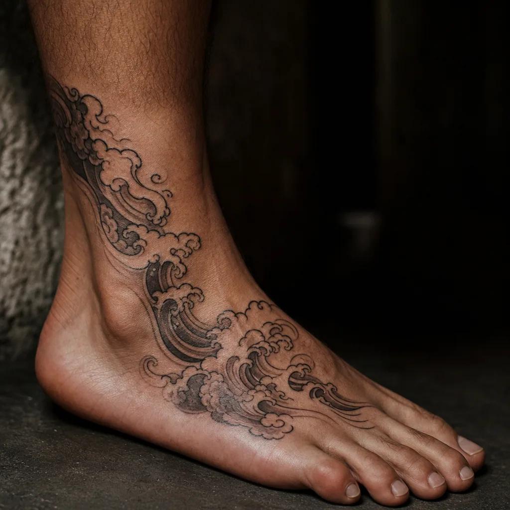 idée tatouage pied vague japonaise, photo réaliste sur peau