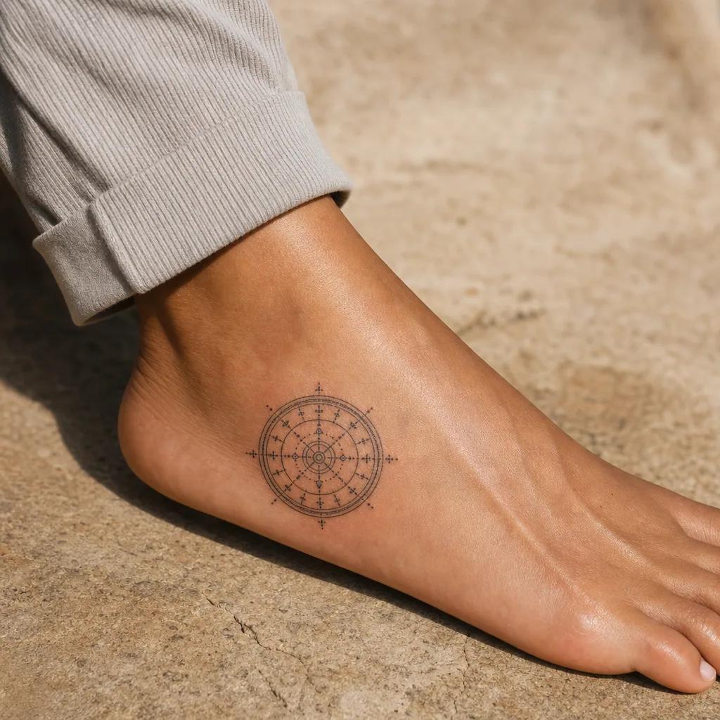 idée tatouage pied cercle géométrique, photo réaliste sur peau
