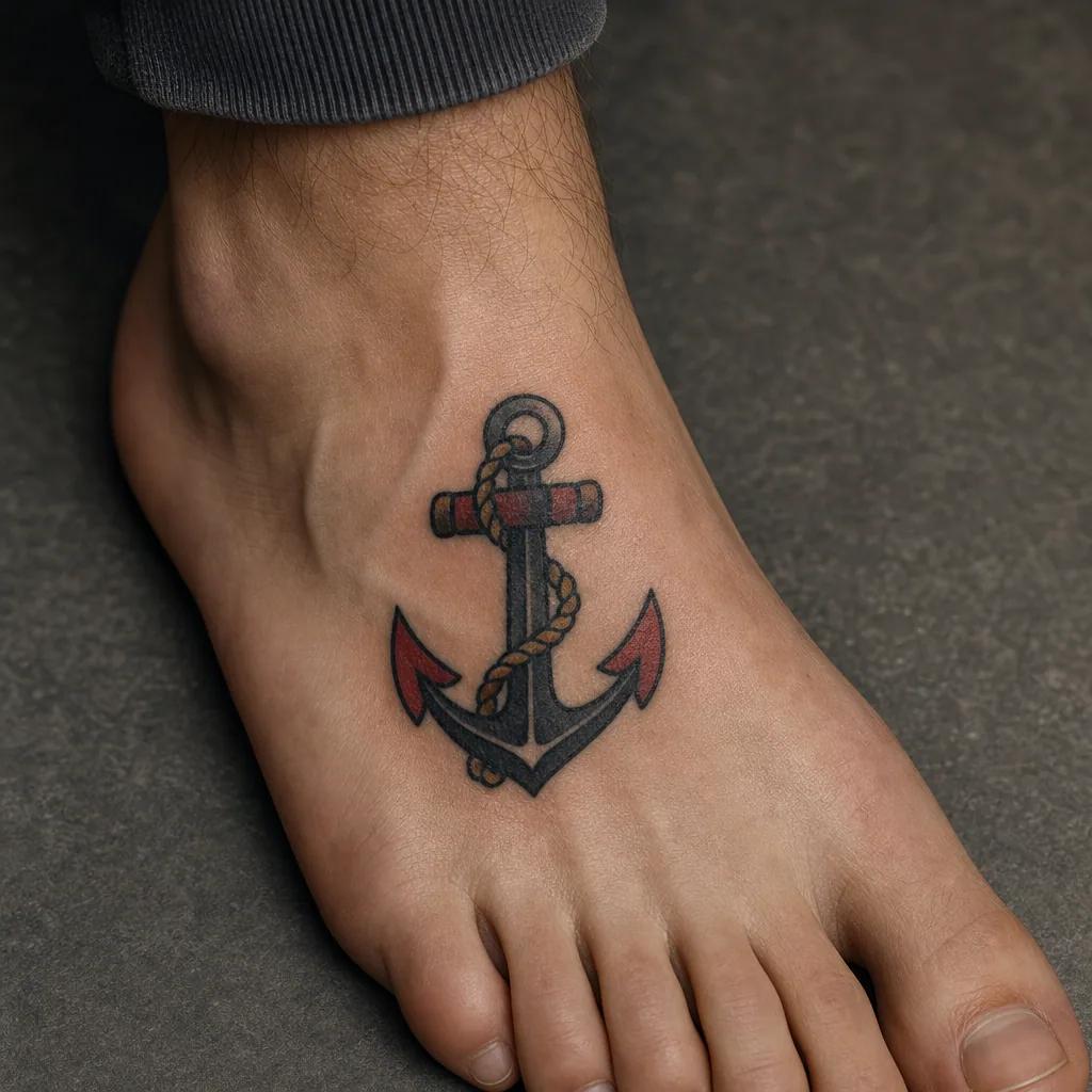 idée tatouage pied ancre old school, photo réaliste sur peau