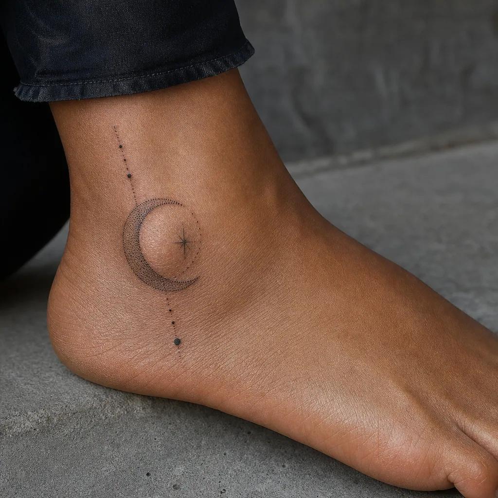 idée tatouage pied lune dotwork, photo réaliste sur peau