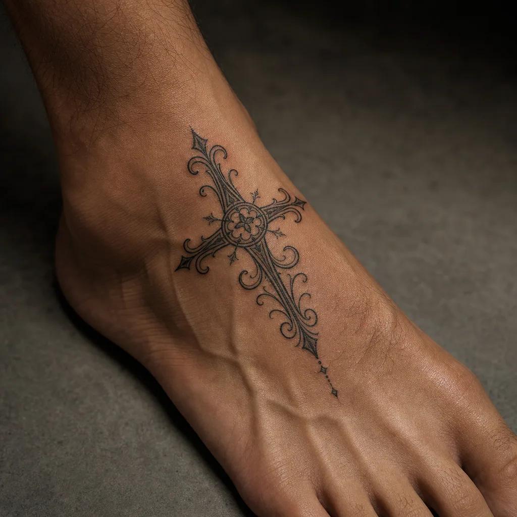 idée tatouage pied croix spirituelle, photo réaliste sur peau