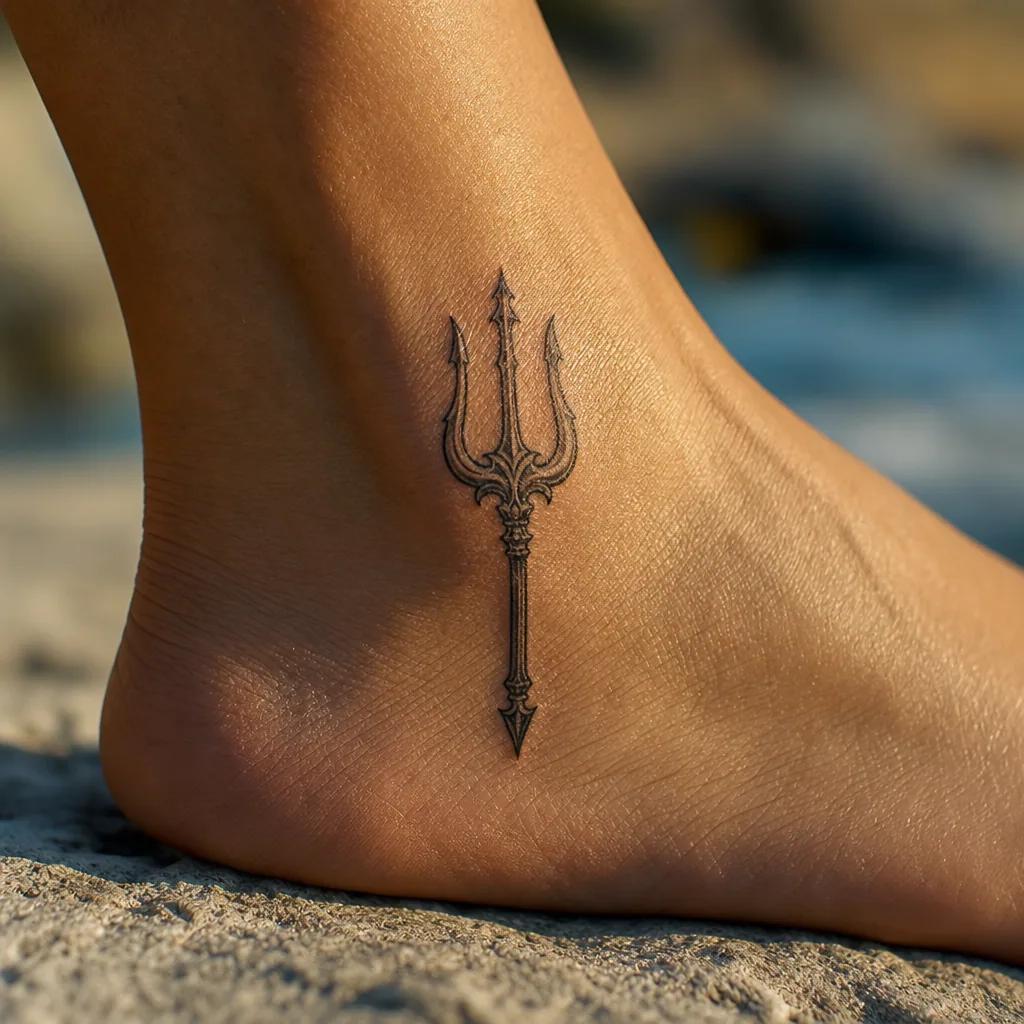 idée tatouage pied trident mythologique, photo réaliste sur peau