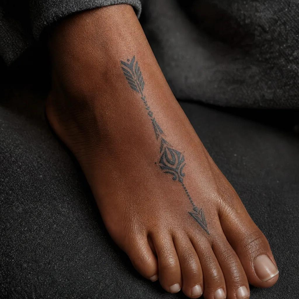 idée tatouage pied flèche tribal, photo réaliste sur peau