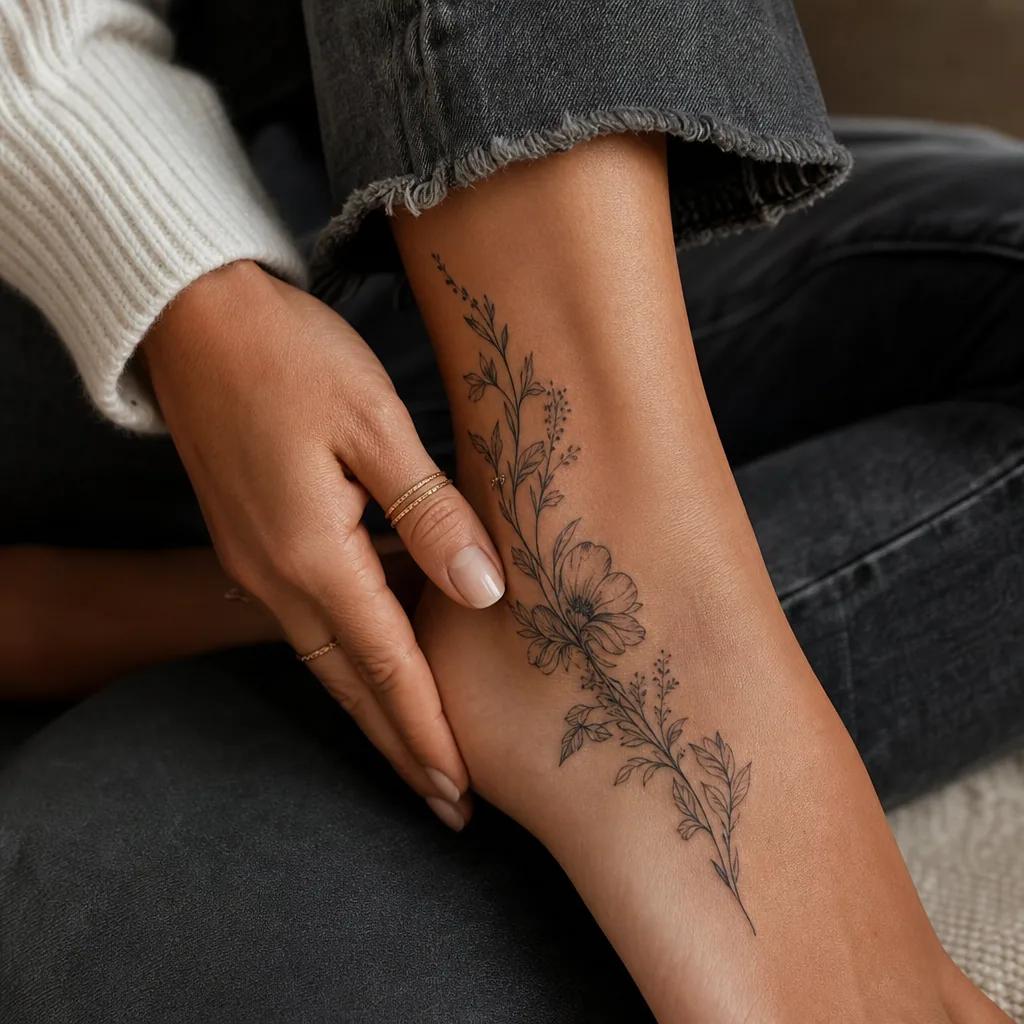 idée tatouage pied composition florale premium, photo réaliste sur peau