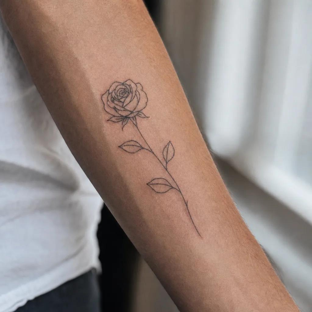 Petite rose fine line tatouée sur l'avant-bras d'une femme, exemple de tatouage délicat qui s'estompe sans protection