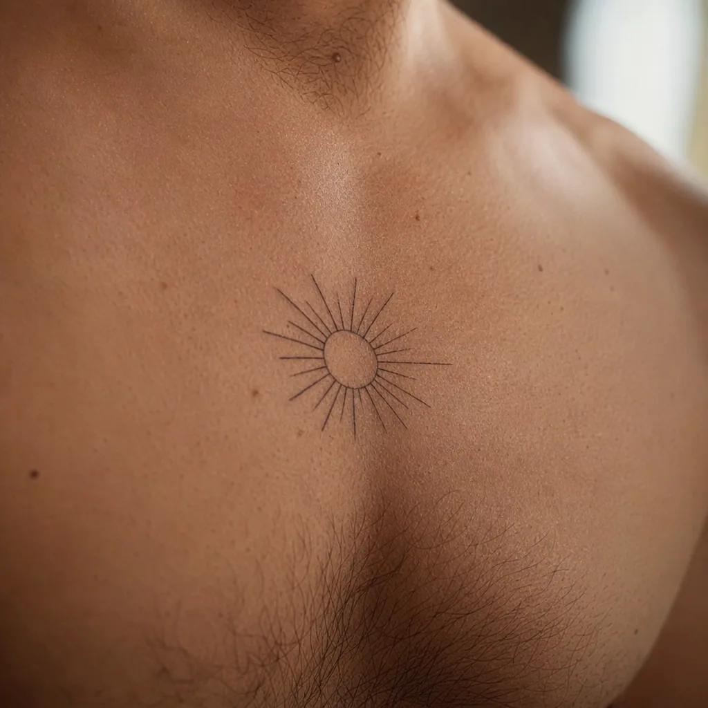 idée tatouage soleil soleil rayonnant minimaliste, photo réaliste sur peau