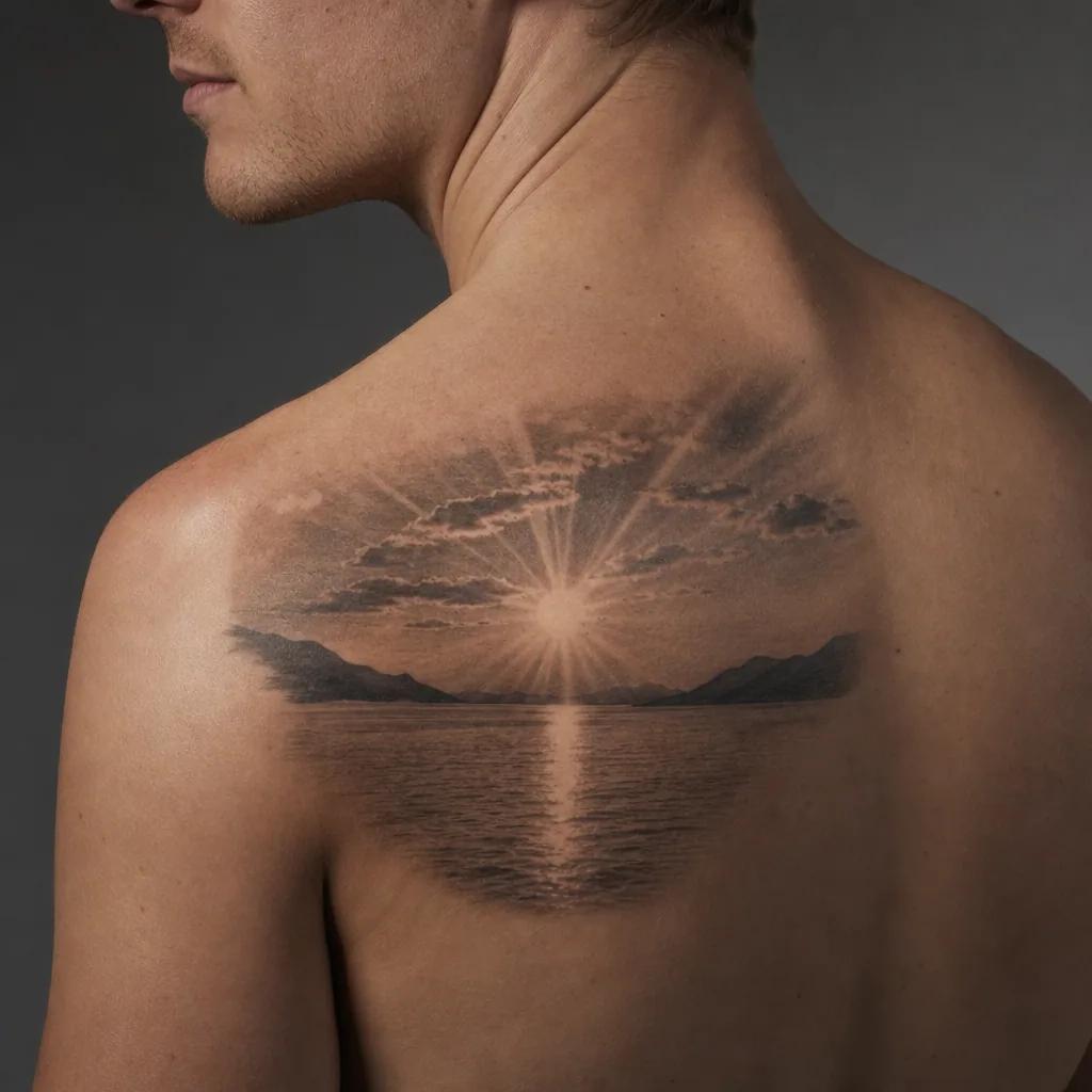 idée tatouage soleil soleil realiste paysage, photo réaliste sur peau