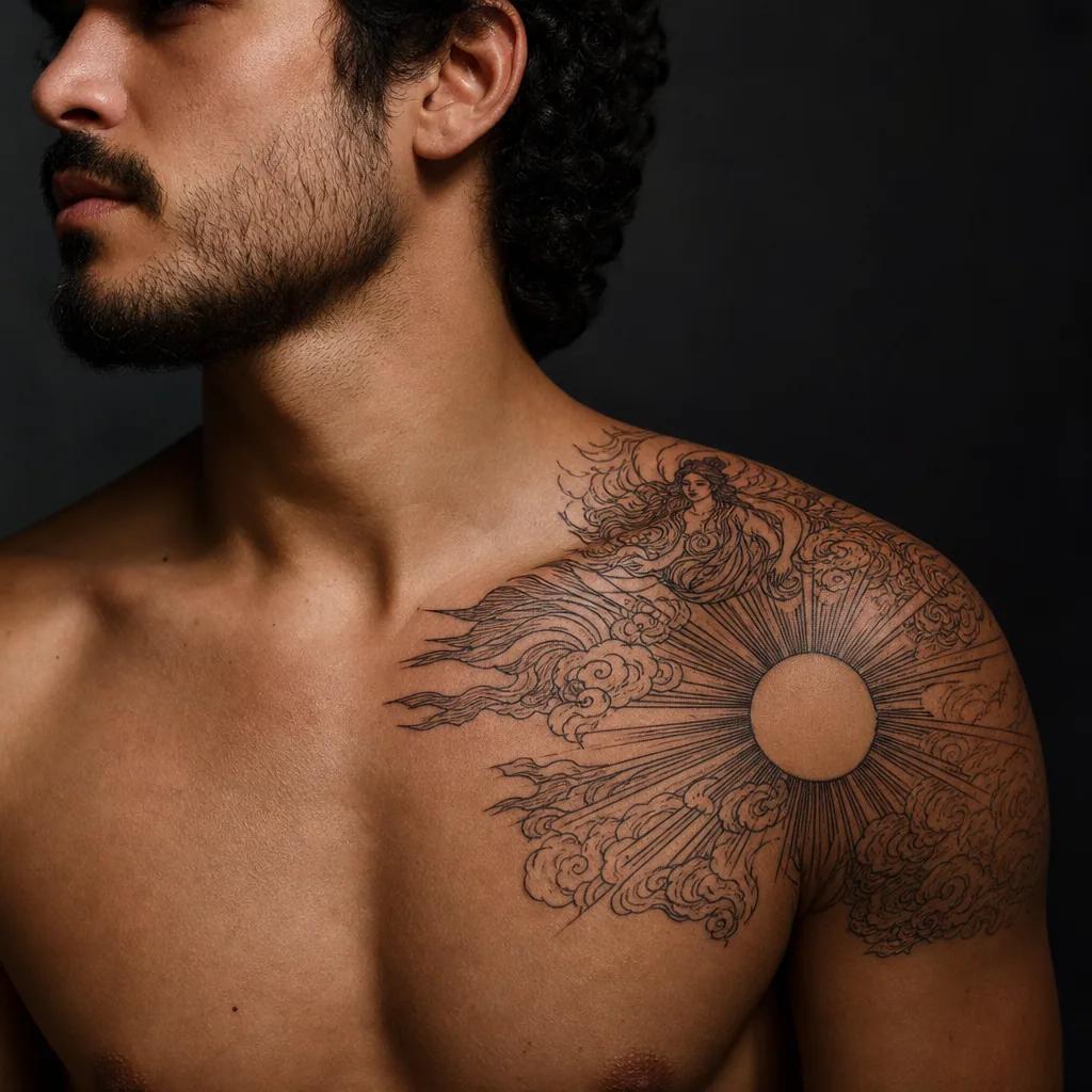 idée tatouage soleil soleil japonais amaterasu, photo réaliste sur peau