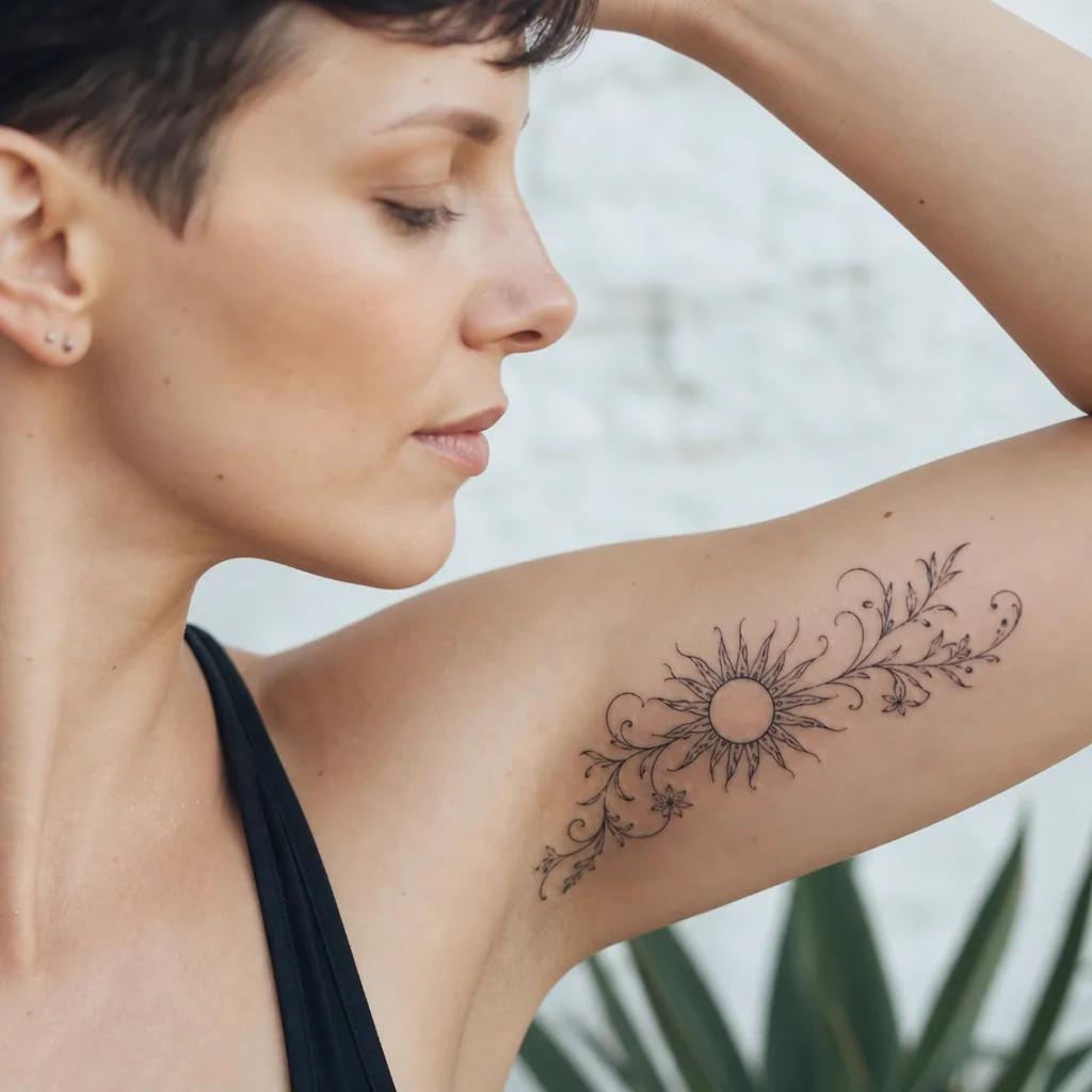 idée tatouage soleil soleil floral entrelace, photo réaliste sur peau
