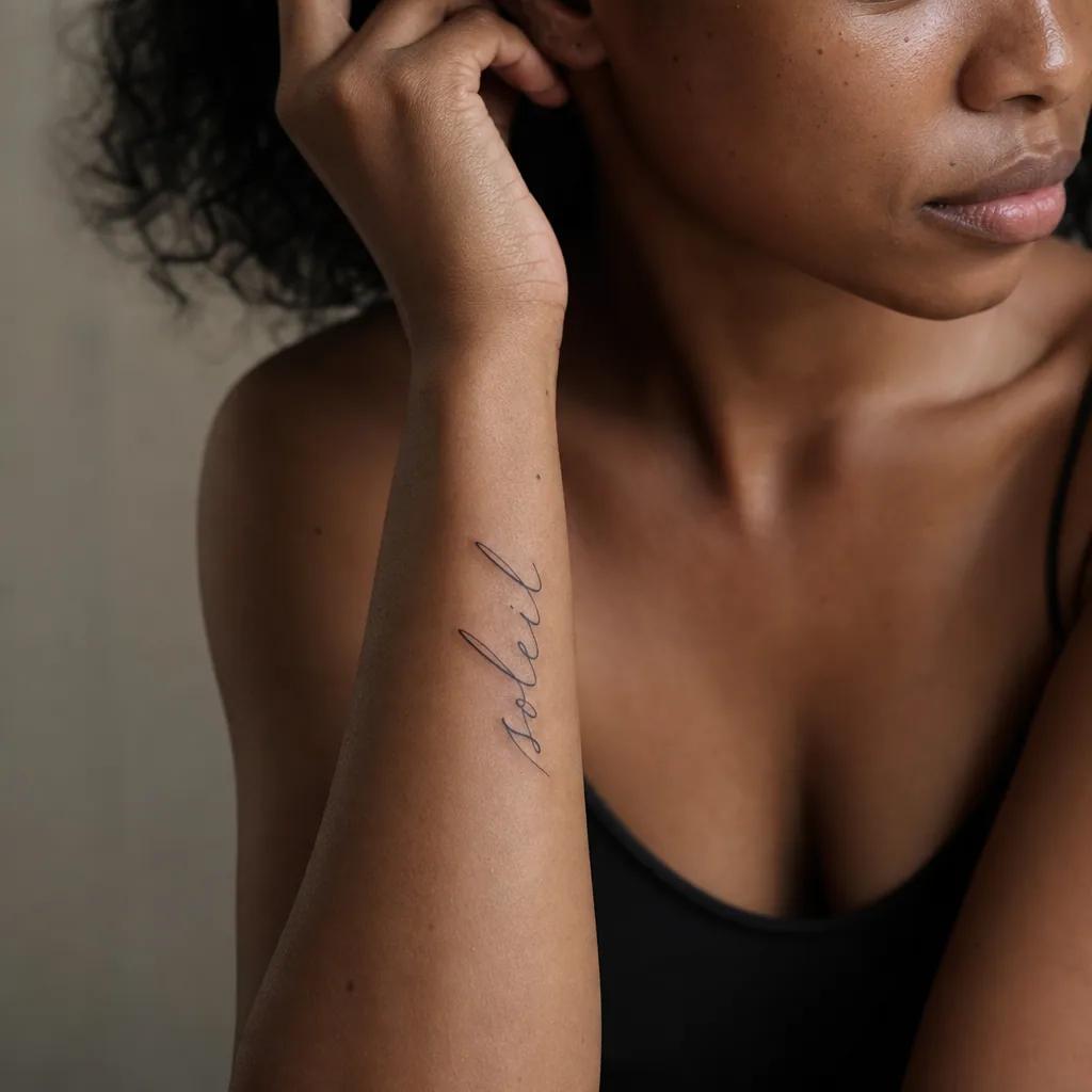 idée tatouage soleil lettrage soleil cursive, photo réaliste sur peau
