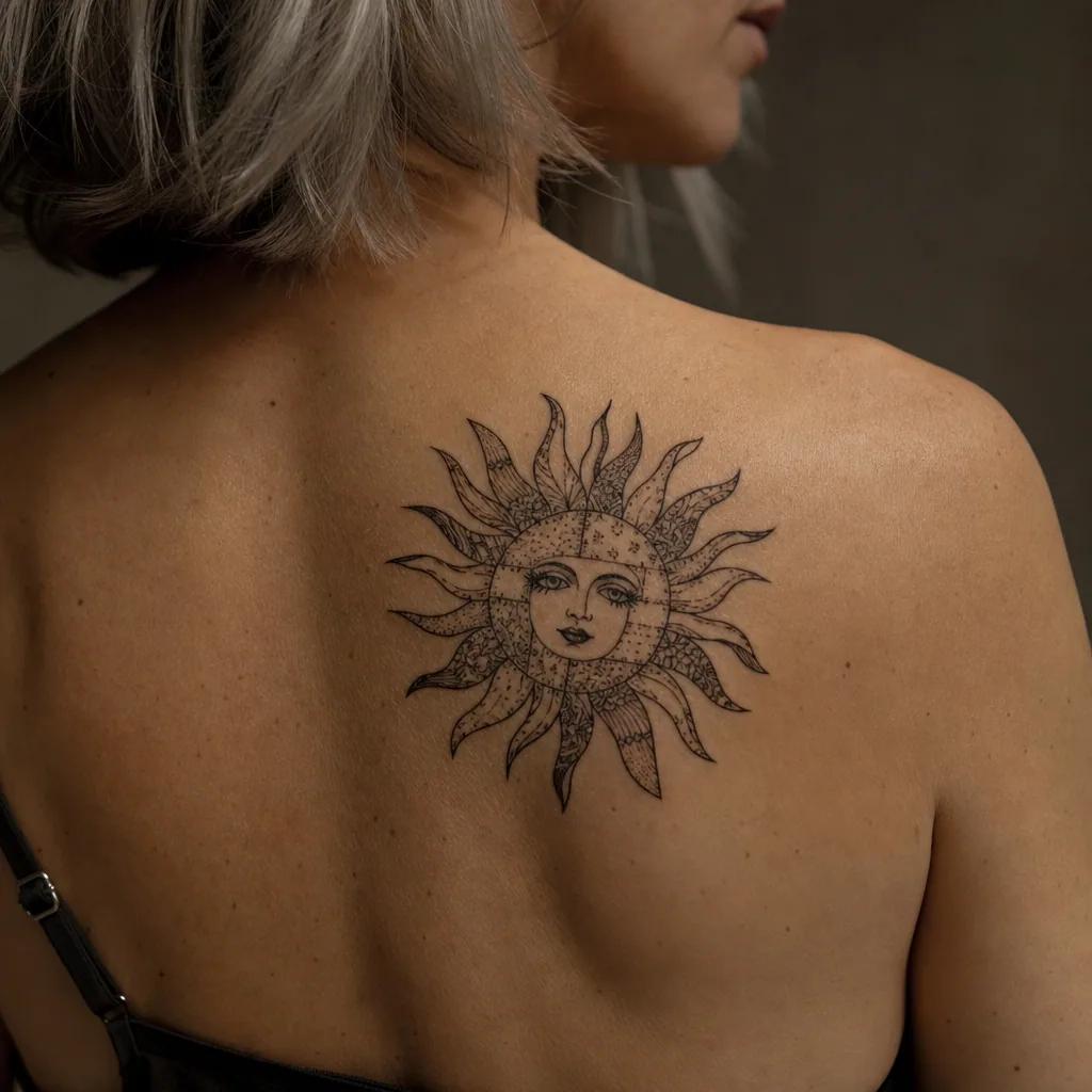 idée tatouage soleil patchwork solaire vintage, photo réaliste sur peau