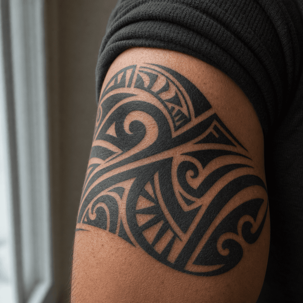 Tatouage tribal polynésien en aplats noirs saturés sur le bras d'un homme, exemple de tatouage noir résistant